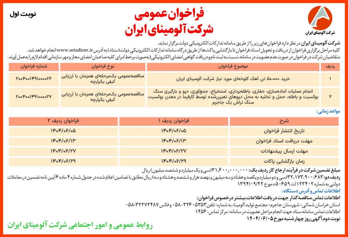 چاپ و انتشار  نوبت اول آگهی فراخوان شرکت آلومینای ایران  در روزنامه های 