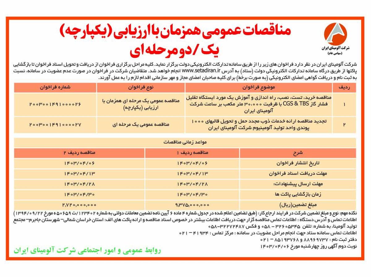 چاپ و انتشار نوبت اول مناقصات یک مرحله ای شرکت آلومینای ایران در روزنامه های 

