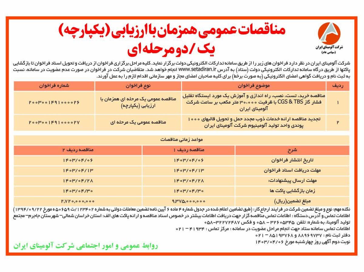 چاپ و انتشار نوبت اول مناقصات یک مرحله ای شرکت آلومینای ایران در روزنامه های 

