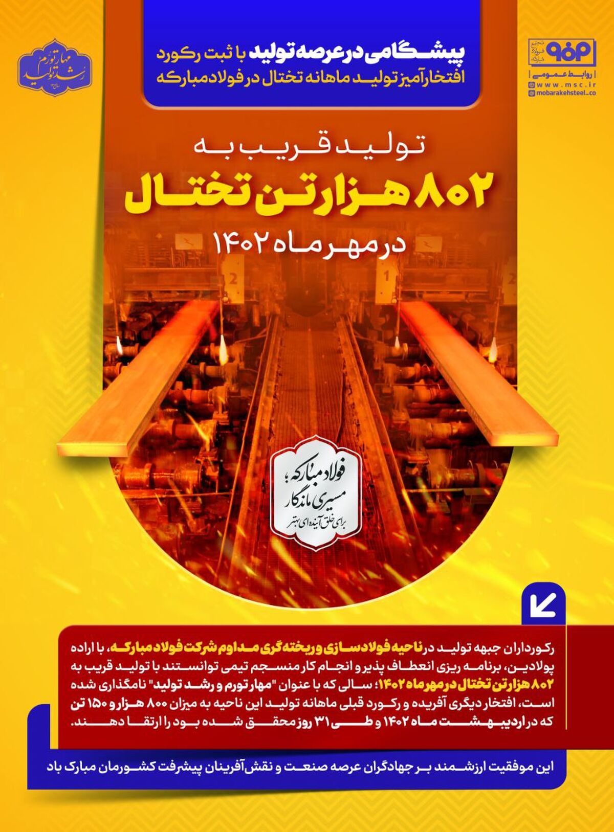 پیشگامی در عرصه تولید با ثبت رکورد تولید ماهانه تختال در ناحیه فولادسازی و ریخته‌گری مداوم فولاد مبارکه در مهر ۱۴۰۲