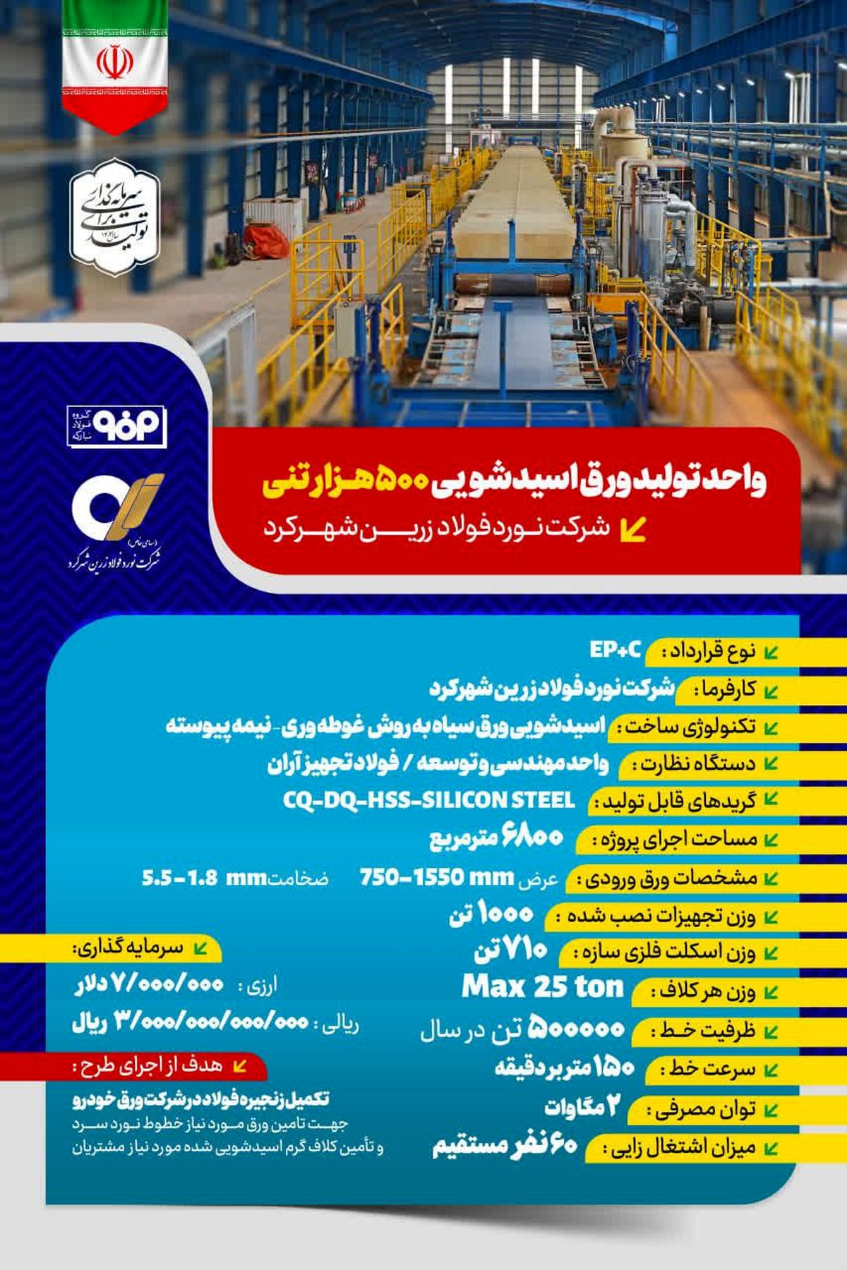 مشخصات پروژه؛واحد تولید ورق اسیدشویی ۵۰۰ هزارتنی شرکت نورد فولاد زرین شهرکرد