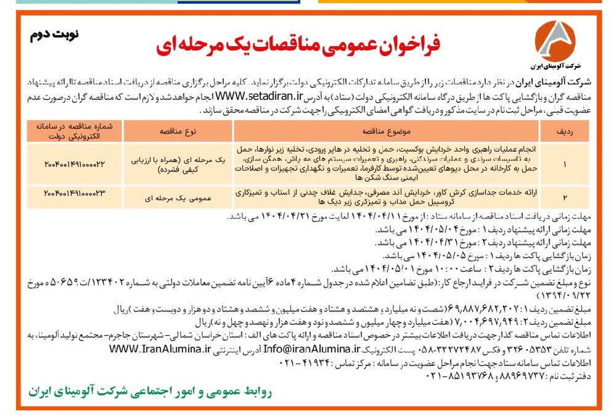 چاپ و انتشار  نوبت دوم آگهی مناقصات عمومی یک مرحله ای شرکت آلومینای ایران  در روزنامه های 