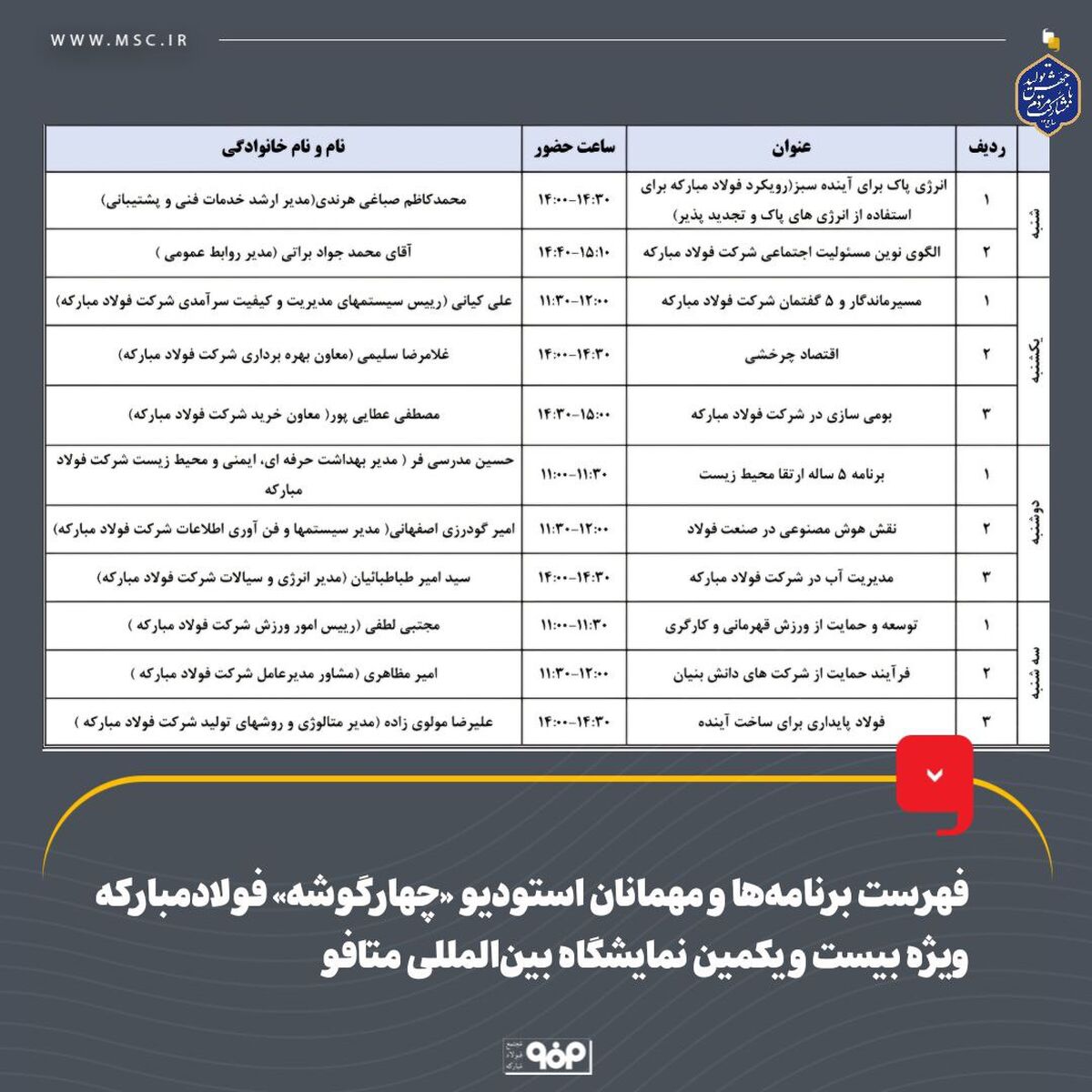 فهرست برنامه‌ها و مهمانان استودیو «چهارگوشه» فولاد مبارکه ویژه بیست و یکمین نمایشگاه بین‌المللی متافو