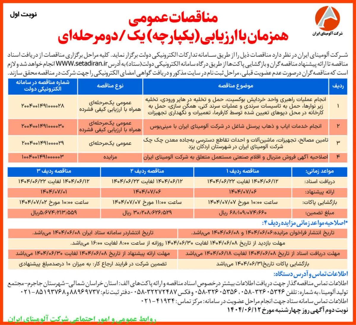 چاپ و انتشار  نوبت اول آگهی مناقصات شرکت آلومینای ایران  در روزنامه های 