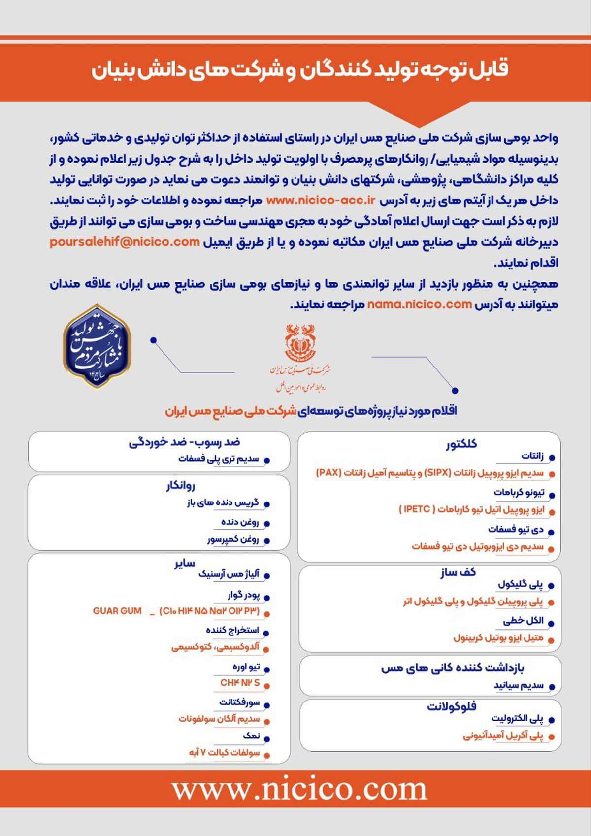 فراخوان بومی‌سازی مواد شیمیایی و روانکارهای مورد نیاز شرکت ملی صنایع مس ایران
